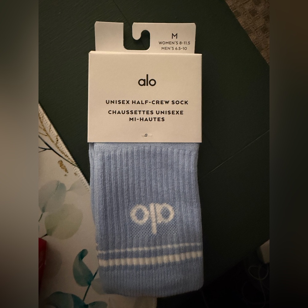 ALO Yoga Unisex Half-Crew Sock in Light Blue with White Logo